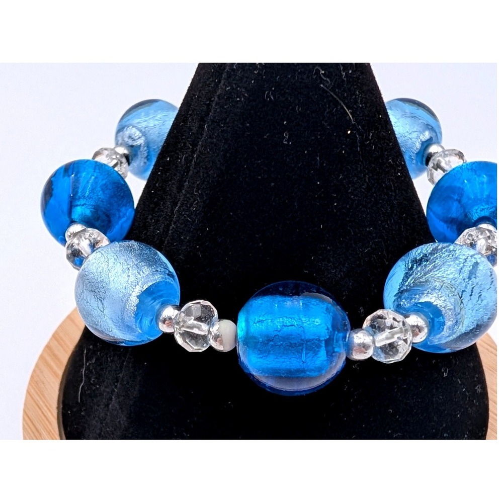 Handmade Blue Foil‎ Glass Bead Stretch Bracelet Silver Tone Accents One Size